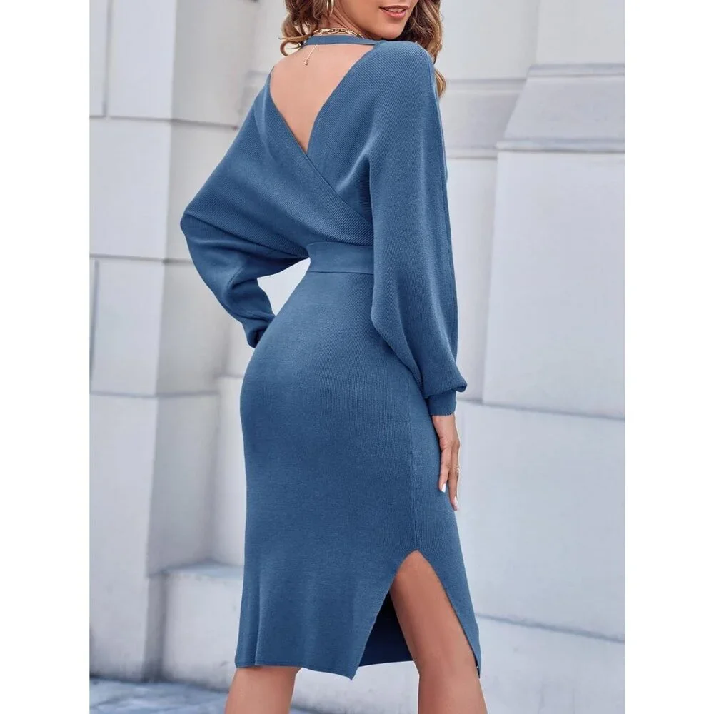 Women's Sweater Dress Wrap Batwing V Neck Slit Bodycon Dress Jeans Blue - Picture 4 of 7